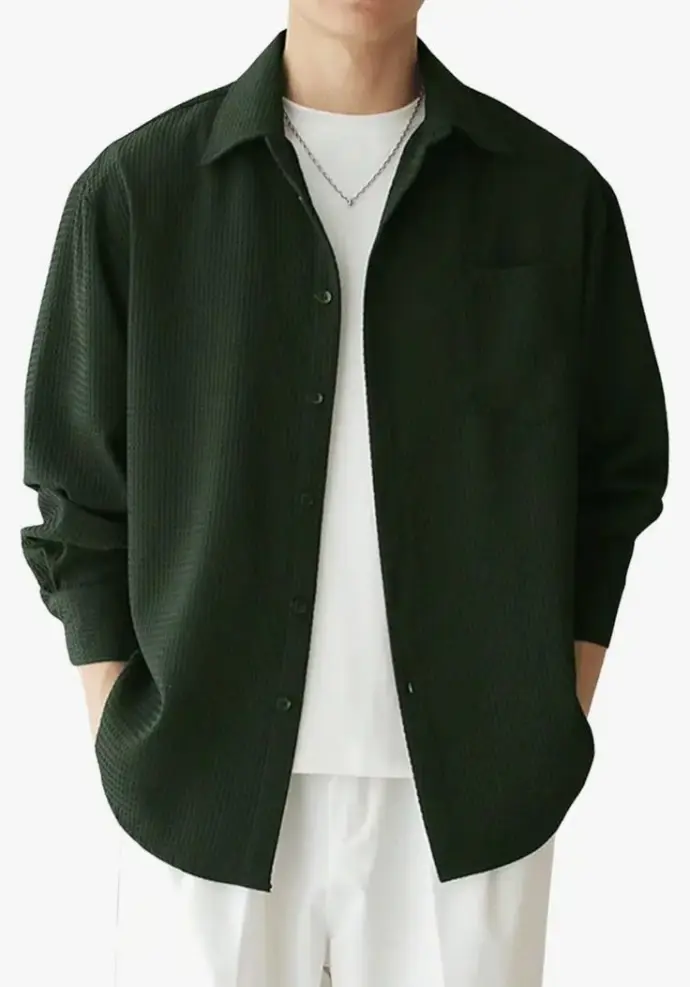 Green jacket with white trouser and tshirt