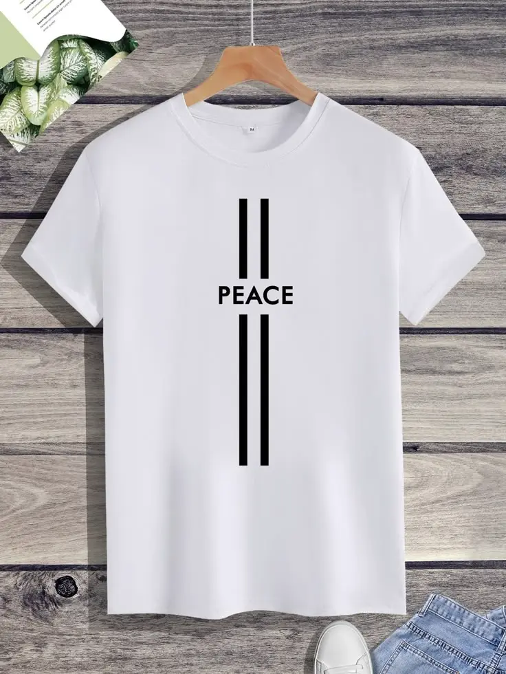 White thsirt with printed peace on it