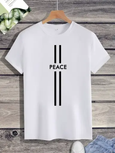 White thsirt with printed peace on it